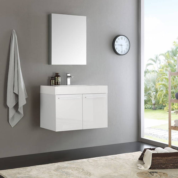 Fresca FVN8089WH Vista 30" White Wall Hung Modern Bathroom Vanity with Medicine Cabinet