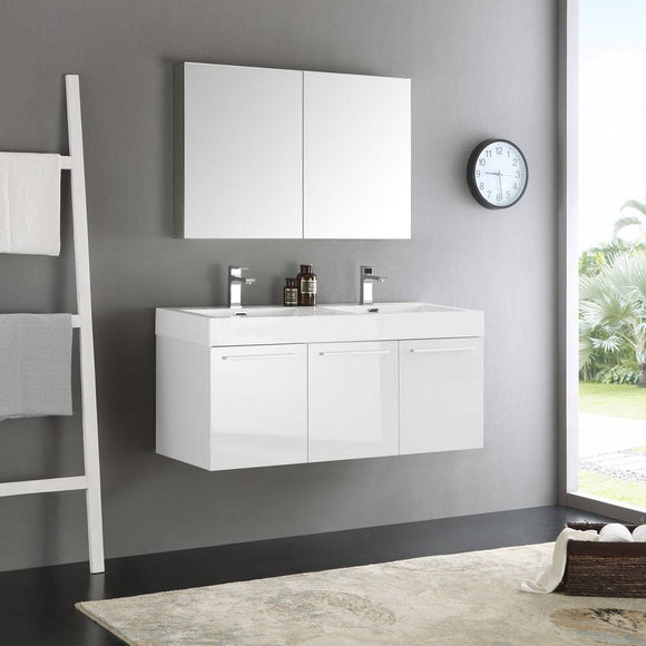 Fresca FVN8092WH-D Vista 48" White Wall Hung Double Sink Modern Bathroom Vanity with Medicine Cabinet