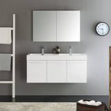 Fresca FVN8092WH-D Vista 48" White Wall Hung Double Sink Modern Bathroom Vanity with Medicine Cabinet