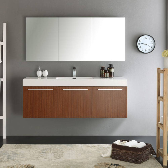 Fresca FVN8093TK Vista 60" Teak Wall Hung Single Sink Modern Bathroom Vanity with Medicine Cabinet