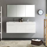 Fresca FVN8093WH-D Vista 60" White Wall Hung Double Sink Modern Bathroom Vanity with Medicine Cabinet