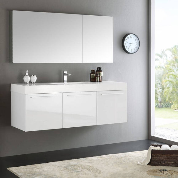 Fresca FVN8093WH Vista 60" White Wall Hung Single Sink Modern Bathroom Vanity with Medicine Cabinet