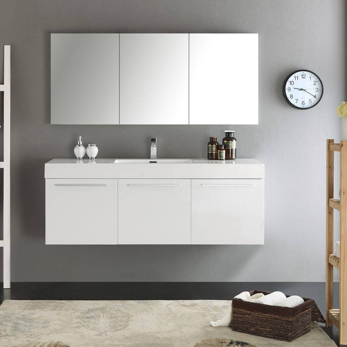 Fresca FVN8093WH Vista 60" White Wall Hung Single Sink Modern Bathroom Vanity with Medicine Cabinet