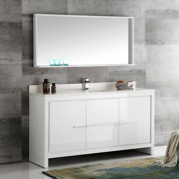 Fresca FVN8119WH-S Allier 60" White Modern Single Sink Bathroom Vanity with Mirror