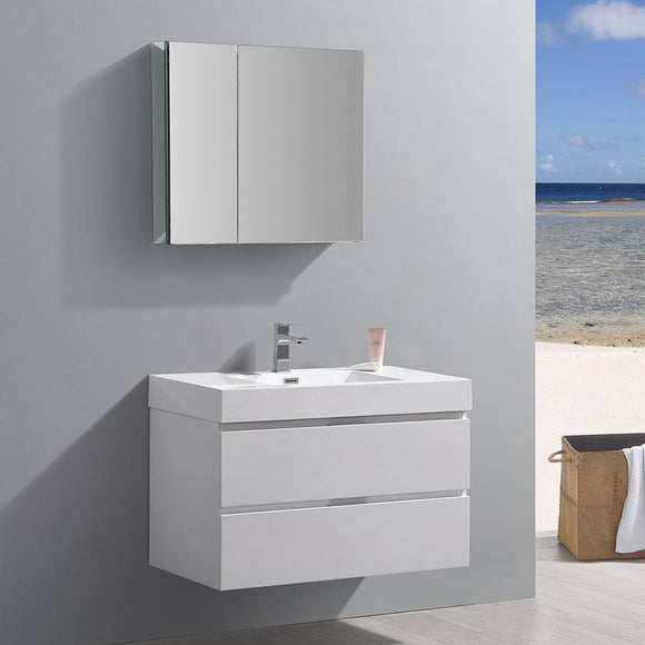 Fresca FVN8336WH Valencia 36" Glossy White Wall Hung Modern Bathroom Vanity with Medicine Cabinet