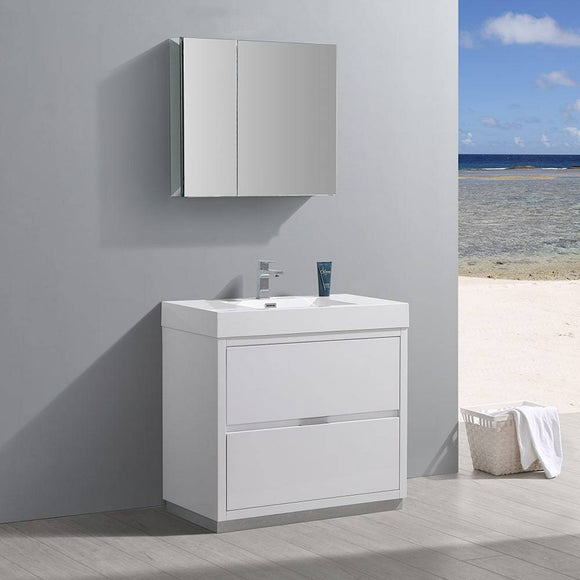 Fresca FVN8436WH Valencia 36" Glossy White Free Standing Modern Bathroom Vanity with Medicine Cabinet