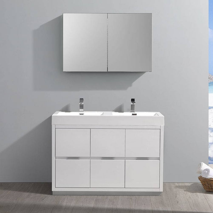 Fresca FVN8448WH-D Valencia 48" Glossy White Free Standing Double Sink Modern Bathroom Vanity with Medicine Cabinet