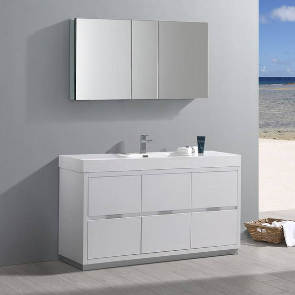 Fresca FVN8460WH Valencia 60" Glossy White Free Standing Modern Bathroom Vanity with Medicine Cabinet