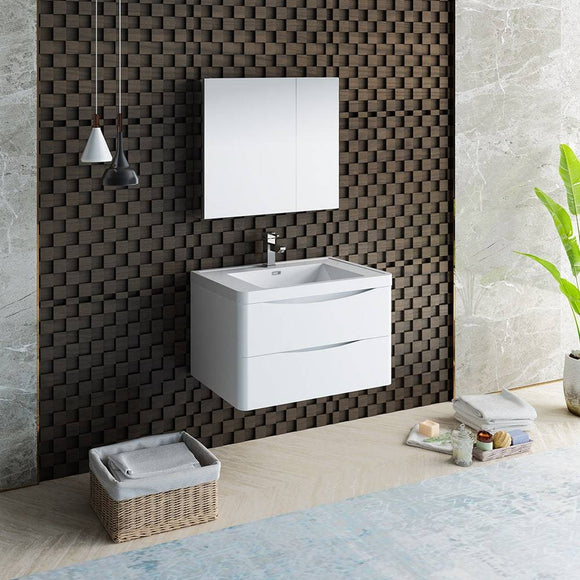 Fresca FVN9032WH Tuscany 32" Glossy White Wall Hung Modern Bathroom Vanity with Medicine Cabinet