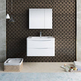 Fresca FVN9032WH Tuscany 32" Glossy White Wall Hung Modern Bathroom Vanity with Medicine Cabinet