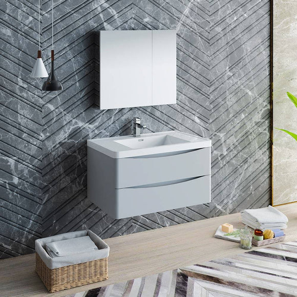 Fresca FVN9036GRG Tuscany 36" Glossy Gray Wall Hung Modern Bathroom Vanity with Medicine Cabinet