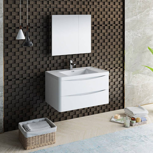 Fresca FVN9036WH Tuscany 36" Glossy White Wall Hung Modern Bathroom Vanity with Medicine Cabinet