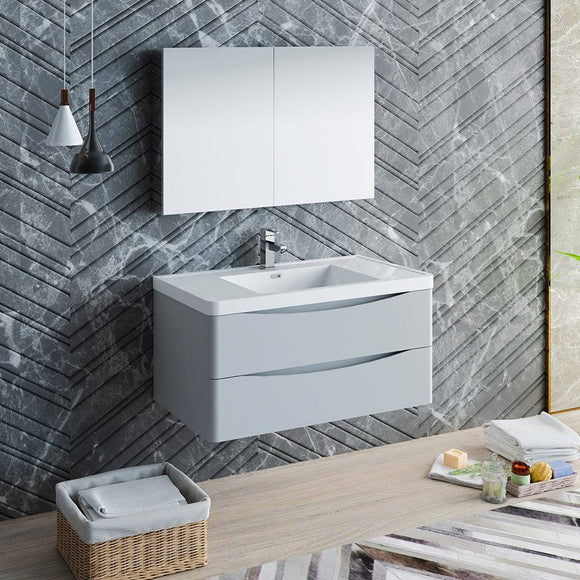 Fresca FVN9040GRG Tuscany 40" Glossy Gray Wall Hung Modern Bathroom Vanity with Medicine Cabinet