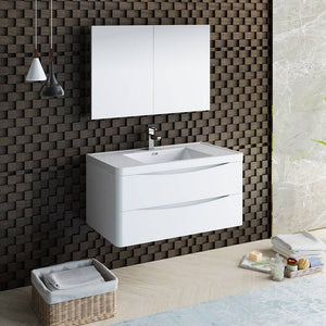 Fresca FVN9040WH Tuscany 40" Glossy White Wall Hung Modern Bathroom Vanity with Medicine Cabinet