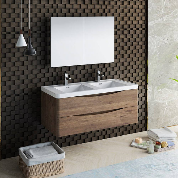 Fresca FVN9048RW-D Tuscany 48" Rosewood Wall Hung Double Sink Modern Bathroom Vanity with Medicine Cabinet