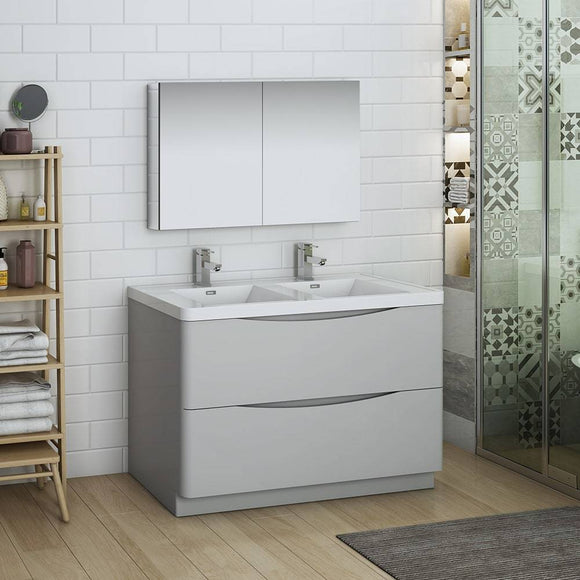 Fresca FVN9148GRG-D Tuscany 48" Glossy Gray Free Standing Double Sink Modern Bathroom Vanity with Medicine Cabinet