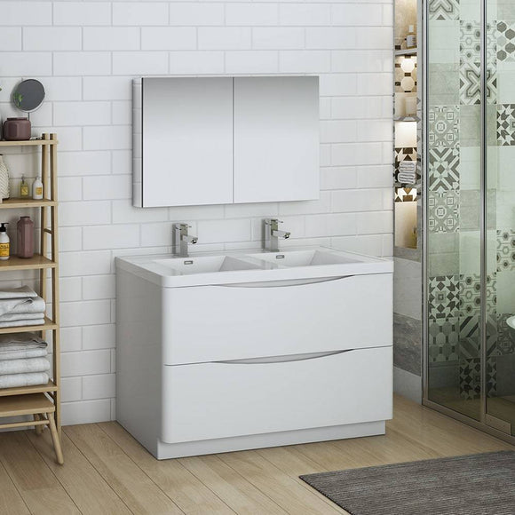 Fresca FVN9148WH-D Tuscany 48" Glossy White Free Standing Double Sink Modern Bathroom Vanity with Medicine Cabinet