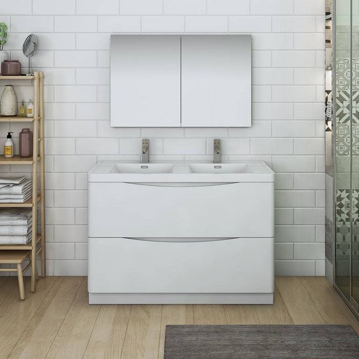 Fresca FVN9148WH-D Tuscany 48" Glossy White Free Standing Double Sink Modern Bathroom Vanity with Medicine Cabinet