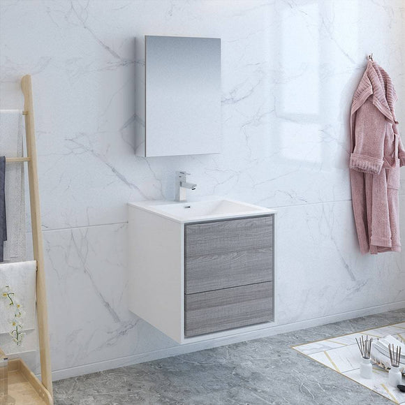 Fresca FVN9224HA Catania 24" Glossy Ash Gray Wall Hung Modern Bathroom Vanity with Medicine Cabinet