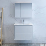 Fresca FVN9230WH Catania 30" Glossy White Wall Hung Modern Bathroom Vanity with Medicine Cabinet