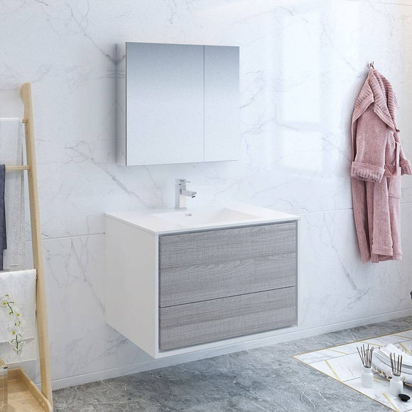 Fresca FVN9236HA Catania 36" Glossy Ash Gray Wall Hung Modern Bathroom Vanity with Medicine Cabinet