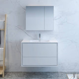 Fresca FVN9236WH Catania 36" Glossy White Wall Hung Modern Bathroom Vanity with Medicine Cabinet