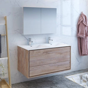 Fresca FVN9248RNW-D Catania 48" Rustic Natural Wood Wall Hung Double Sink Modern Bathroom Vanity with Medicine Cabinet