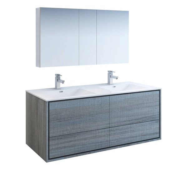 Fresca FVN9260OG-D Catania 60" Ocean Gray Wall Hung Double Sink Modern Bathroom Vanity with Medicine Cabinet