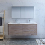 Fresca FVN9260RNW-D Catania 60" Rustic Natural Wood Wall Hung Double Sink Modern Bathroom Vanity with Medicine Cabinet