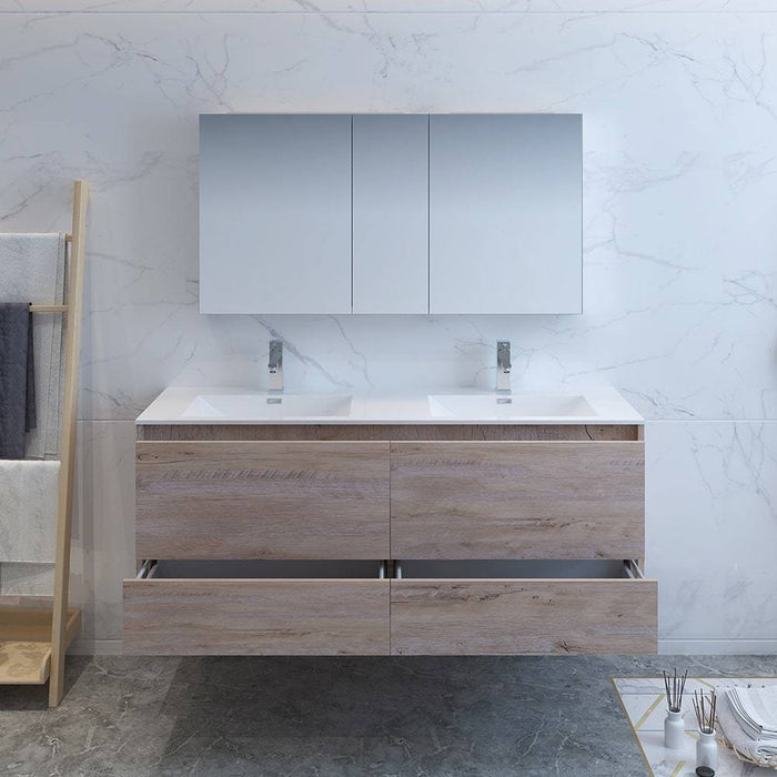 Fresca FVN9260RNW-D Catania 60" Rustic Natural Wood Wall Hung Double Sink Modern Bathroom Vanity with Medicine Cabinet