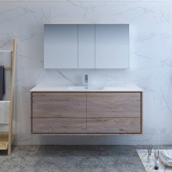 Fresca FVN9260RNW-S Catania 60" Rustic Natural Wood Wall Hung Single Sink Modern Bathroom Vanity with Medicine Cabinet