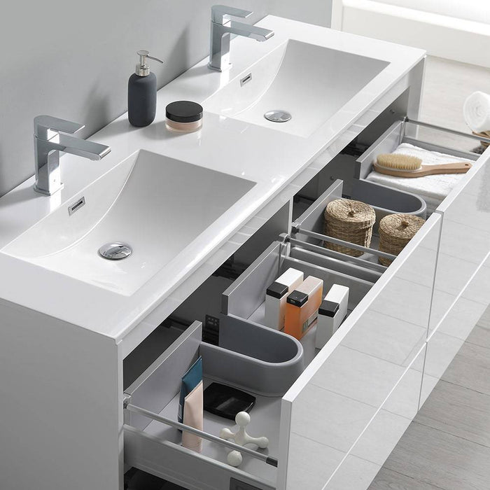 Fresca FVN9260WH-D Catania 60" Glossy White Wall Hung Double Sink Modern Bathroom Vanity with Medicine Cabinet