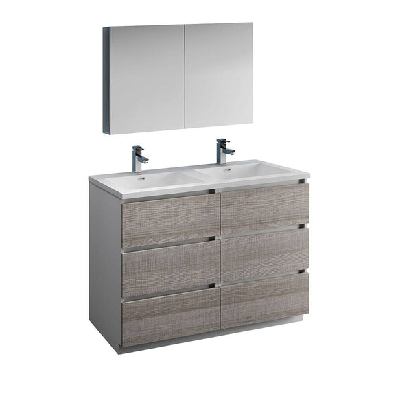 Fresca FVN93-2424HA-D Lazzaro 48" Glossy Ash Gray Free Standing Double Sink Modern Bathroom Vanity with Medicine Cabinet