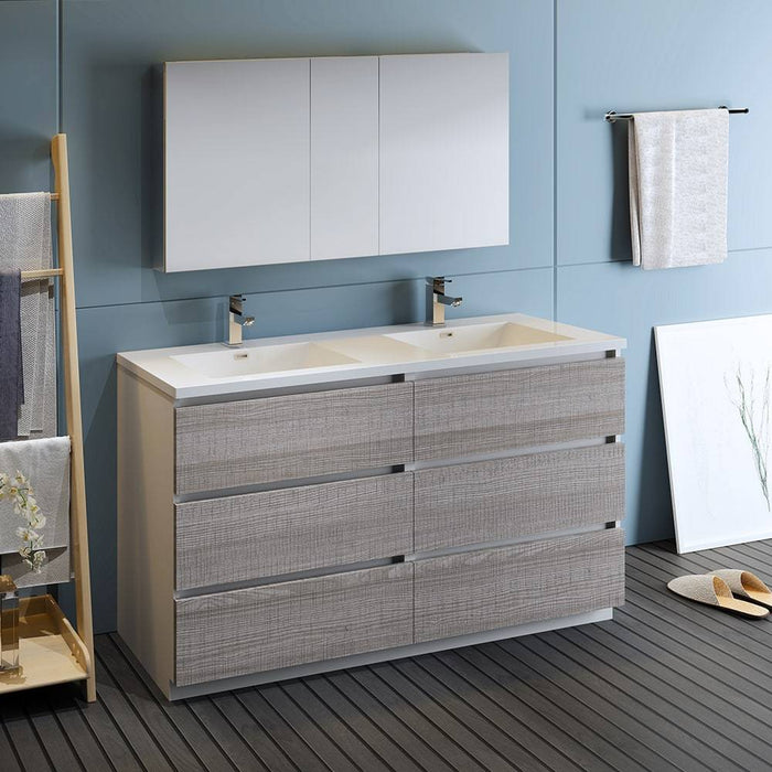 Fresca FVN93-3030HA-D Lazzaro 60" Ash Gray Free Standing Double Sink Modern Bathroom Vanity with Medicine Cabinet