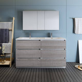 Fresca FVN93-3030HA-D Lazzaro 60" Ash Gray Free Standing Double Sink Modern Bathroom Vanity with Medicine Cabinet