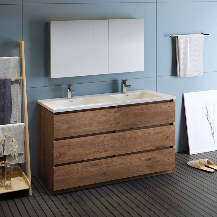 Fresca FVN93-3030RW-D Lazzaro 60" Rosewood Free Standing Double Sink Modern Bathroom Vanity with Medicine Cabinet