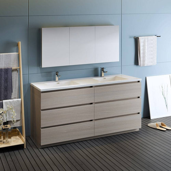 Fresca FVN93-3636MGO-D Lazzaro 72" Gray Wood Free Standing Double Sink Modern Bathroom Vanity with Medicine Cabinet