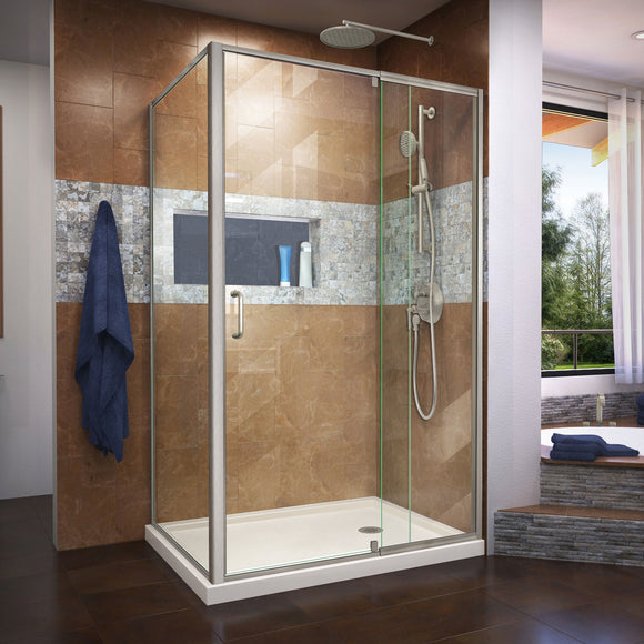 DreamLine DL-6719R-22-04 Flex 36"D x 48"W x 74 3/4"H Semi-Frameless Shower Enclosure in Brushed Nickel with Right Drain Biscuit Base