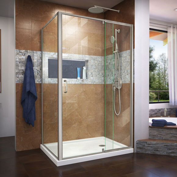 DreamLine DL-6719R-04CL Flex 36"D x 48"W x 74 3/4"H Semi-Frameless Shower Enclosure in Brushed Nickel with Right Drain White Base