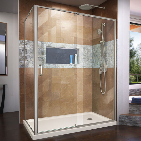 DreamLine DL-6720R-22-04 Flex 36"D x 60"W x 74 3/4"H Semi-Frameless Shower Enclosure in Brushed Nickel with Right Drain Biscuit Base