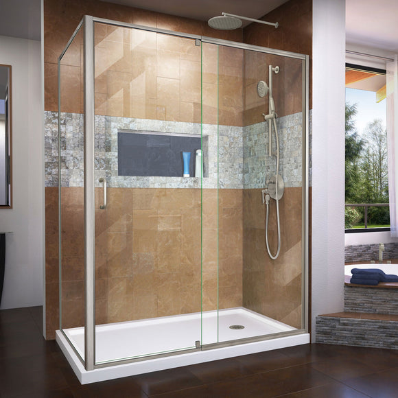 DreamLine DL-6720R-04CL Flex 36"D x 60"W x 74 3/4"H Semi-Frameless Shower Enclosure in Brushed Nickel with Right Drain White Base