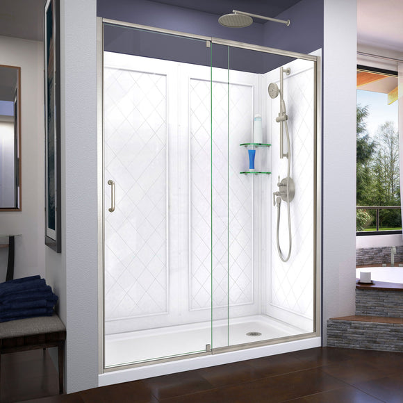 DreamLine DL-6227R-04 Flex 30"D x 60"W x 76 3/4"H Semi-Frameless Shower Door in Brushed Nickel with Right Drain Base and Backwalls