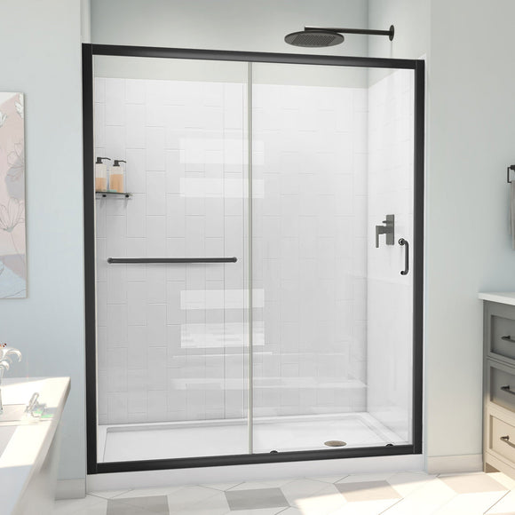 DreamLine D2096034XXR0009 Infinity-Z Sliding Shower Door, Base,, White Wall Kit in Satin Black, Clear Glass