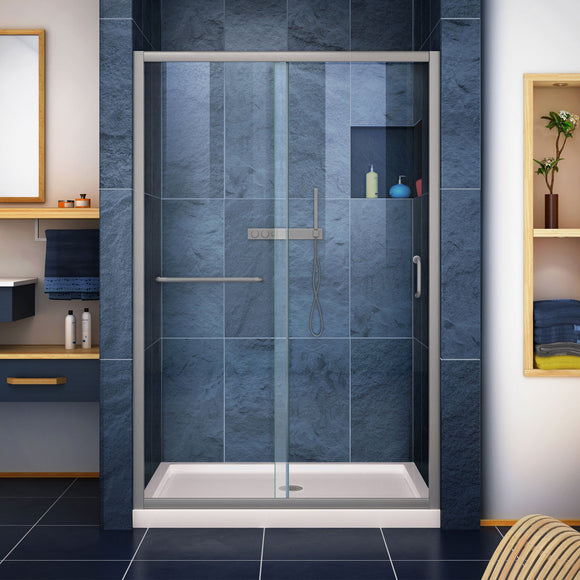 DreamLine DL-6975C-22-04 Infinity-Z 36"D x 48"W x 74 3/4"H Clear Sliding Shower Door in Brushed Nickel and Center Drain Biscuit Base