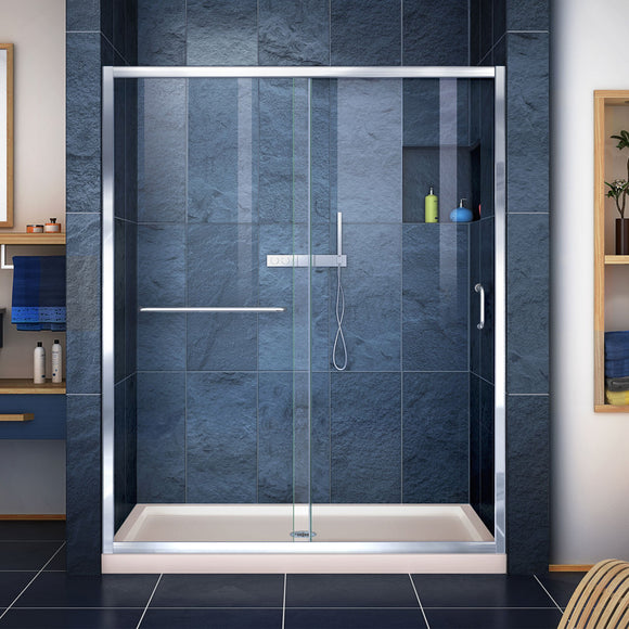 DreamLine DL-6974C-22-01 Infinity-Z 32"D x 54"W x 74 3/4"H Clear Sliding Shower Door in Chrome and Center Drain Biscuit Base