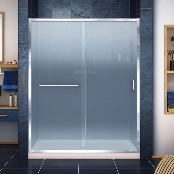 DreamLine DL-6970C-22-01F Infinity-Z 30"D x 60"W x 74 3/4"H Frosted Sliding Shower Door in Chrome and Center Drain Biscuit Base