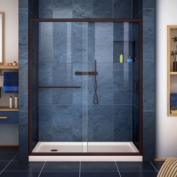 DreamLine DL-6972L-22-06 Infinity-Z 34"D x 60"W x 74 3/4"H Clear Sliding Shower Door in Oil Rubbed Bronze and Left Drain Biscuit Base