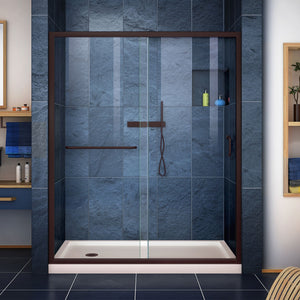 DreamLine DL-6970L-22-06 Infinity-Z 30"D x 60"W x 74 3/4"H Clear Sliding Shower Door in Oil Rubbed Bronze and Left Drain Biscuit Base