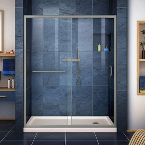 DreamLine DL-6972C-22-04 Infinity-Z 34"D x 60"W x 74 3/4"H Clear Sliding Shower Door in Brushed Nickel and Center Drain Biscuit Base