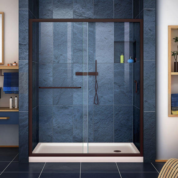 DreamLine DL-6971R-22-06 Infinity-Z 32"D x 60"W x 74 3/4"H Clear Sliding Shower Door in Oil Rubbed Bronze, Right Drain Biscuit Base